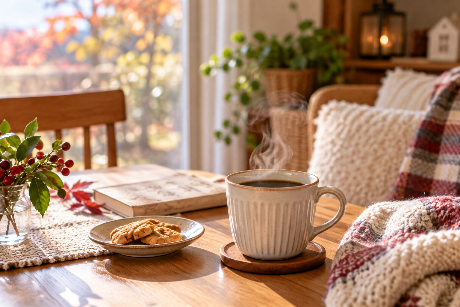 秋から冬へ向かう11月の暮らしと温かいコーヒーをイメージした冬支度の風景